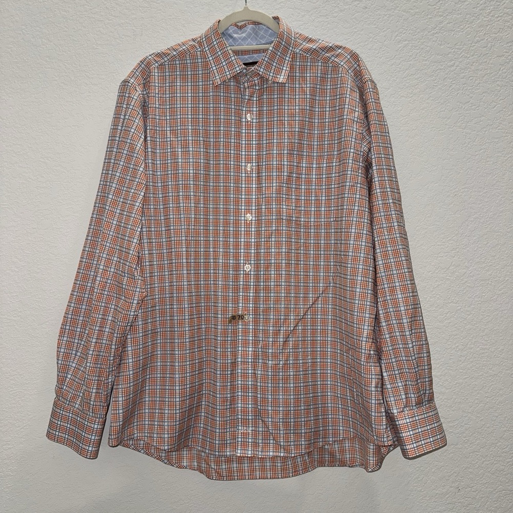 Johnston & Murphy Men's XL Cotton Orange Blue Plaid Polo Shirt‎ Button Up Office